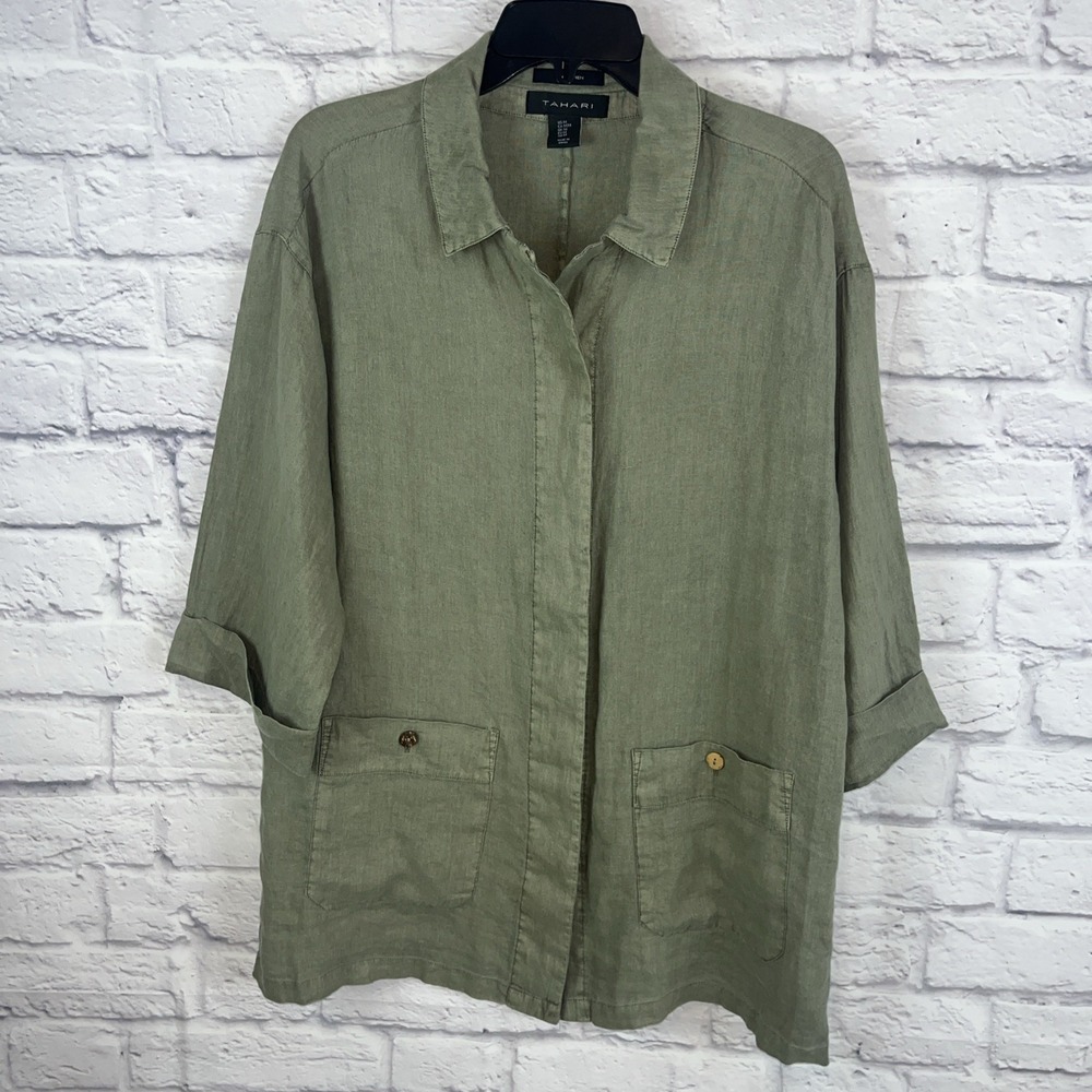 Tahari Women's 100% Linen Casual 3/4 Sleeve Lagenlook Tunic Blouse Size Medium - Picture 4 of 6